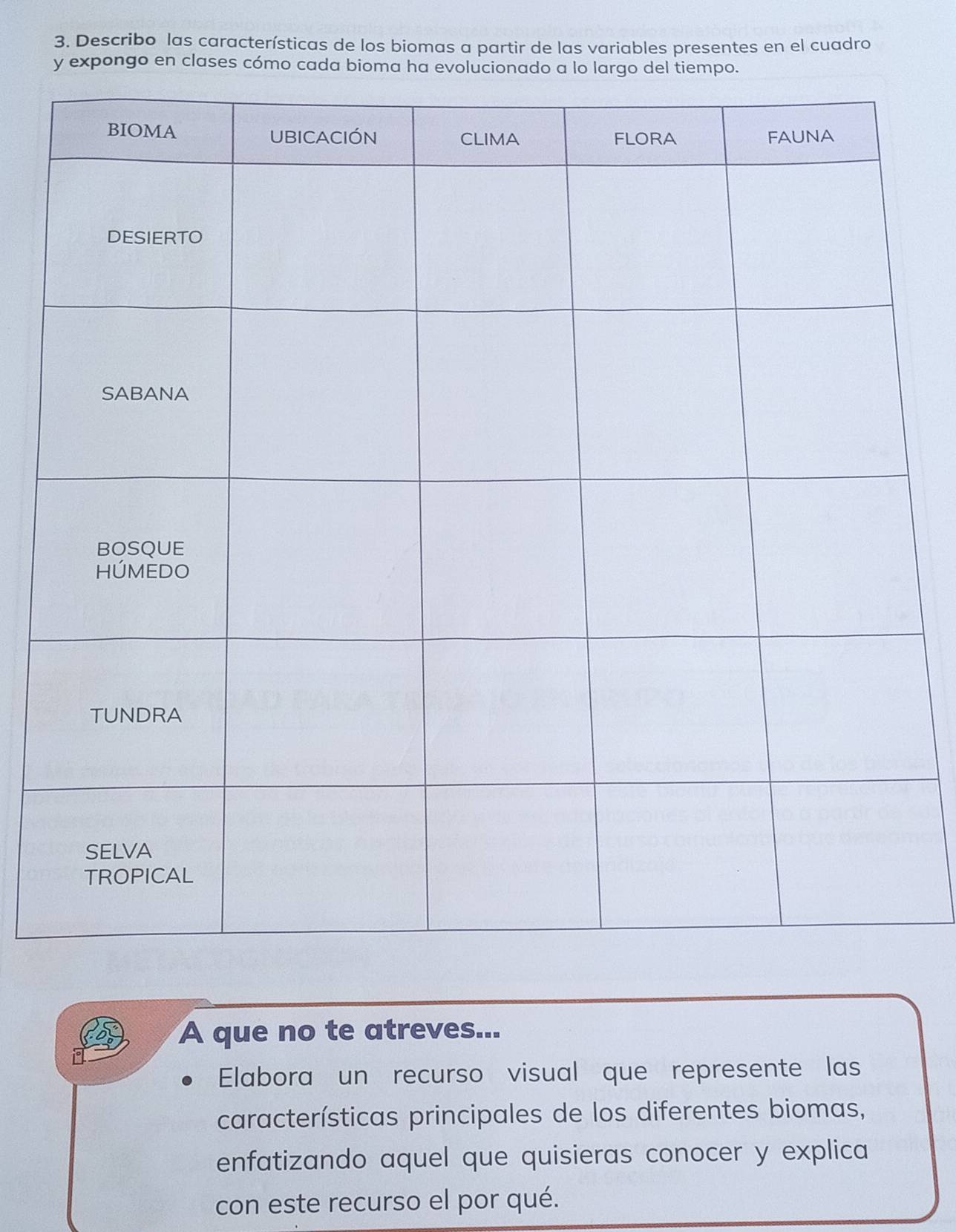 Describo las características de los biomas a partir de las variables presentes en el cuadro 
y expongo en clases cómo cada bioma ha evolucionado a lo l tiempo. 
A que no te atreves... 
Elabora un recurso visual que represente las 
características principales de los diferentes biomas, 
enfatizando aquel que quisieras conocer y explica 
con este recurso el por qué.