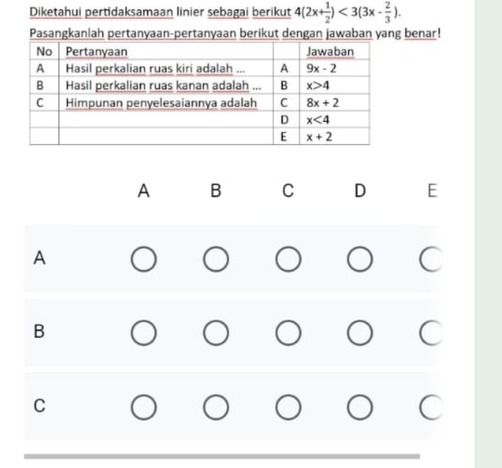 Diketahui pertidaksamaan linier sebagai berikut 4(2x+ 1/2 )<3(3x- 2/3 ).
Pasangkanlah pertanyaan-pertanyaan berikut dengan jawaban yang benar!
A
B
C
D
E
A
B
C