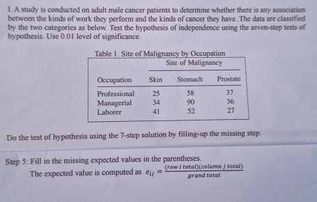 A study is conducted on adult male cancer patients to determine whether there is any association 
between the kinds of work they perform and the kinds of cancer they have. The data are classified 
by the two categories as below. Test the hypothesis of independence using the seven-step tests of 
hypothesis. Use 0.01 level of significance. 
Do the test of hypothesis using the 7 -step solution by filling-up the missing step. 
Step 5 : Fill in the missing expected values in the parentheses. 
The expected value is computed as e_ij= (rowitotal)(columnjtotal)/grandtotal .