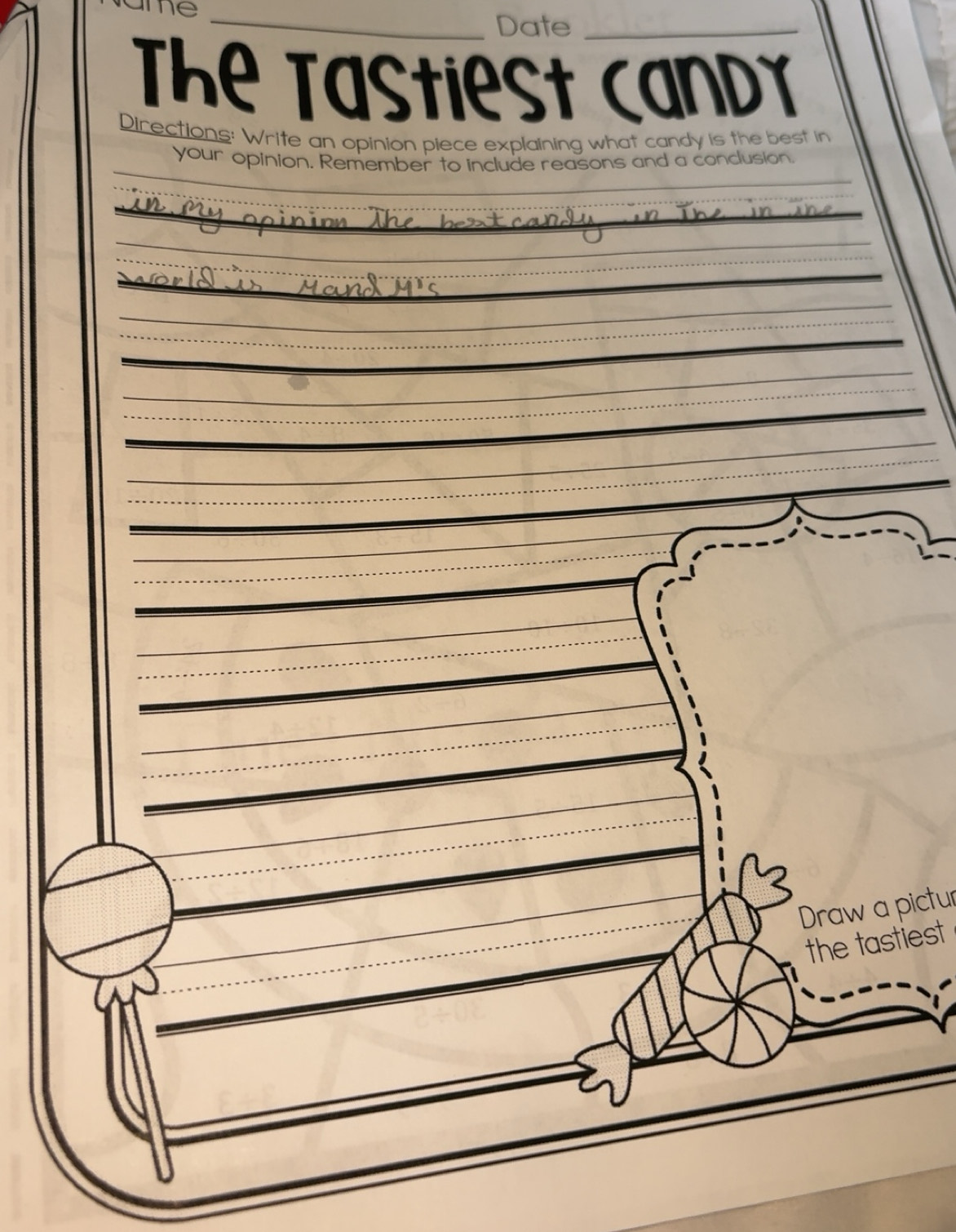 Solved: ame_ Date_ The Tastiest candy Directions: Write an opinion ...