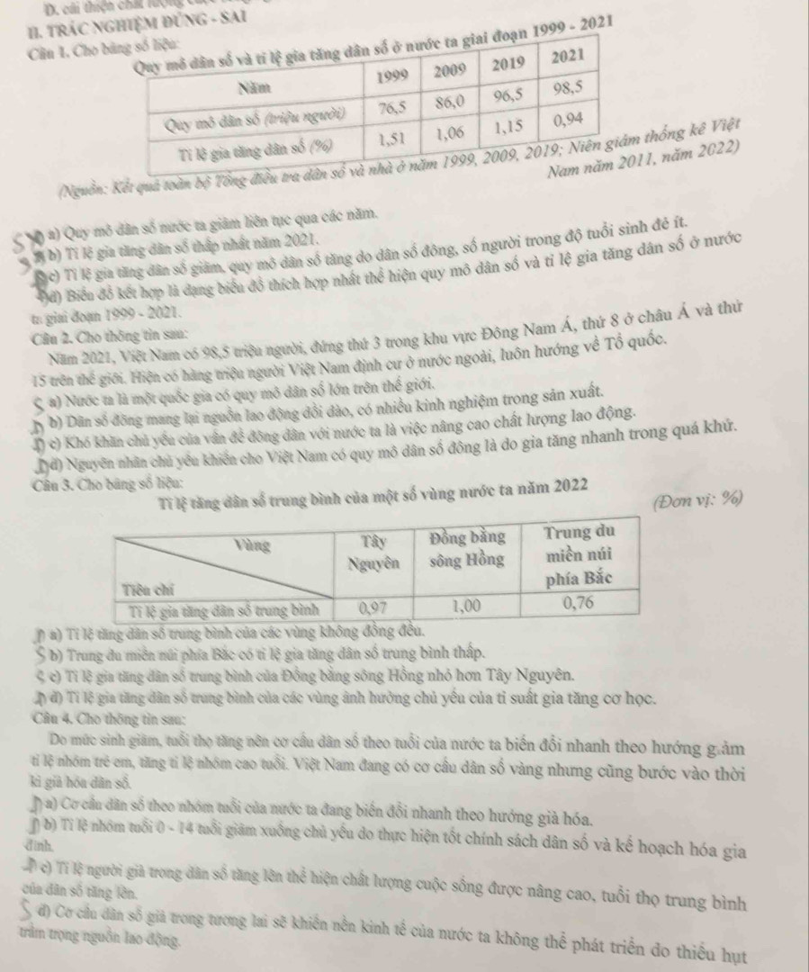 cải thện chất tượng
II. TRÁC NGHIỆM ĐỨNG - SAI
1999 - 2021
Cân 1, Cho 
(Nguồn: Kết quả toàn bộ Tổng thống kê Việt
11, năm 2022)
( () #) Quy mở dân số nước ta giảm liên tục qua các năm.
Si c) Tỉ lệ gia tăng dân số giảm, quy mô dân số tăng do dân số đông, số người trong độ tuổi sinh đẻ ít.
4  Tịb) Tỉ lệ gia tăng dân số thấp nhất năm 2021.
4)đ) Biểu đồ kết hợp là dạng biểu đồ thích hợp nhất thể hiện quy mô dân số và tỉ lệ gia tăng dân số ở nước
t giai đoạn 1999 - 2021.
Năm 2021, Việt Nam có 98,5 triệu người, đứng thứ 3 trong khu vực Đông Nam Á, thứ 8 ở châu Á và thứ
Cầu 2. Cho thông tin sau:
15 trên thể giới. Hiện có hàng triệu người Việt Nam định cư ở nước ngoài, luôn hướng về Tổ quốc.
S a) Nước ta là một quốc gia có quy mô dân số lớn trên thế giới.
b) Dân số đồng mang lại nguồn lao động đổi đào, có nhiều kinh nghiệm trong sản xuất.
() c) Khó khăn chủ yếu của vân đề đông dân với nước ta là việc nâng cao chất lượng lao động.
Nđ) Nguyên nhân chủ yêu khiến cho Việt Nam có quy mô dân số đồng là do gia tăng nhanh trong quá khứ.
Câu 3. Cho bảng số liệu:
Tĩ lệ tăng dân số trung bình của một số vùng nước ta năm 2022
(Đơn vị: %)
#) Tỉ lệ tăng dân số trung bình của các vùn
S b) Trung du miền núi phía Bắc có tỉ lệ gia tăng dân số trung bình thấp.
4 c) Tỉ lệ gia tăng dân số trung bình của Đồng bằng sông Hồng nhỏ hơn Tây Nguyên.
ộ đ) Tỉ lệ gia tăng dân số trung bình của các vùng ảnh hưởng chủ yếu của tỉ suất gia tăng cơ học.
Cầu 4. Cho thông tin sau:
Do mức sinh giam, tuổi thọ tăng nên cơ cầu dân số theo tuổi của nước ta biến đổi nhanh theo hướng g.ảm
tỉ lệ nhóm trẻ em, tăng tỉ lệ nhóm cao tuổi. Việt Nam đang có cơ cầu dân số vàng nhưng cũng bước vào thời
kì giả hóa dân số.
a) Cơ cầu dân số theo nhóm tuổi của nước ta đang biến đổi nhanh theo hướng giả hóa.
ỷ b) Tỉ lệ nhóm tuổi 0 - 14 tuổi giám xuống chủ yếu do thực hiện tốt chính sách dân số và kế hoạch hóa gia
dinh.
T ộ c) Tí lệ người giả trong dân số tăng lên the^3 # hiện chất lượng cuộc sống được nâng cao, tuổi thọ trung bình  
của dân số tăng lên.

trầm trọng nguồn lao động. đ) Cơ cầu dân số giả trong tương lai sẽ khiến nền kinh tế của nước ta không thể phát triển do thiếu hụt