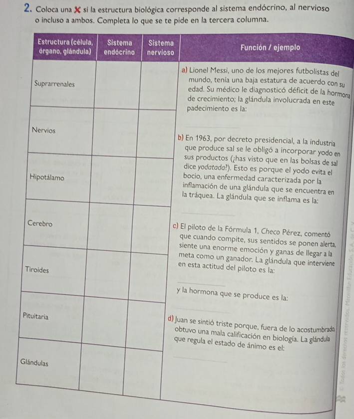 Coloca una X si la estructura biológica corresponde al sistema endócrino, al nervioso 
o incluso a ambos. Completa lo que se te pide en la tercera columna. 
del 
n su 
rmona 
e 
a 
en 
al 
n 
a. 
e 
o,