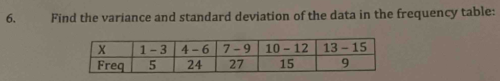 Find the variance and standard deviation of the data in the frequency table: