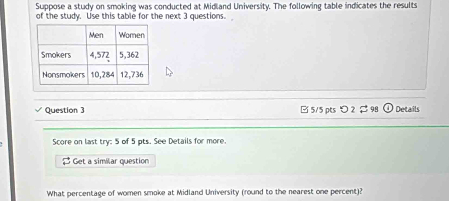 Suppose a study on smoking was conducted at Midland University. The following table indicates the results 
of the study. Use this table for the next 3 questions. 
Question 3 □ 5/5 pts つ 2 98 I Details 
Score on last try: 5 of 5 pts. See Details for more. 
Get a similar question 
What percentage of women smoke at Midland University (round to the nearest one percent)?