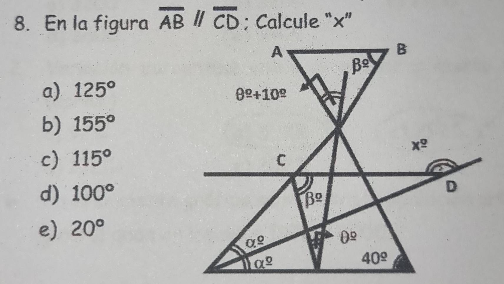 En la figura overline ABparallel overline CD; Calcule “×”
a) 125°
b) 155°
c) 115°
d) 100°
e) 20°