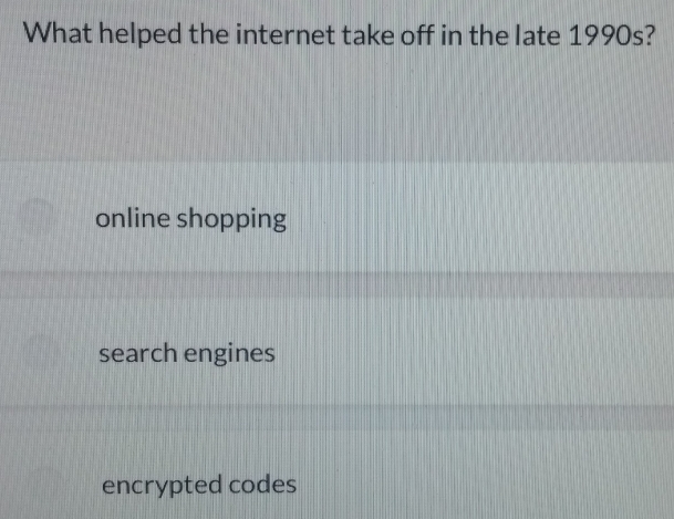 What helped the internet take off in the late 1990s?
online shopping
search engines
encrypted codes