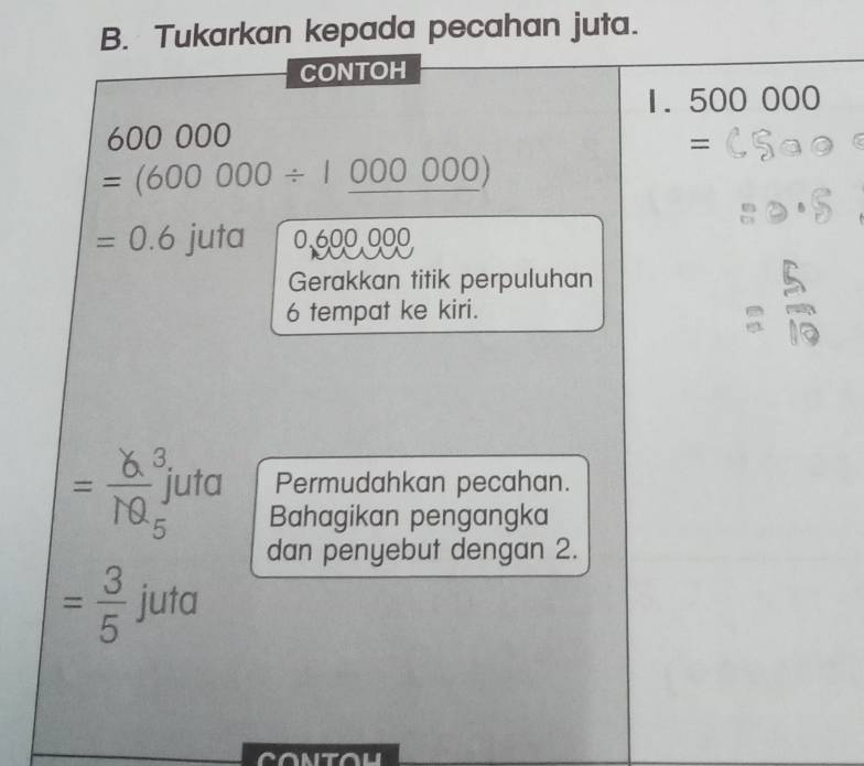 Tukarkan kepada pecahan juta. 
CONTOH
1.500 000
600 000
=
=(600000/ 1_ 000000)
=0.6 [u ta 0,600,000
Gerakkan titik perpuluhan 
6 tempat ke kiri.
= 6^3/10 ju ta Permudahkan pecahan. 
Bahagikan pengangka 
dan penyebut dengan 2.
= 3/5  juta