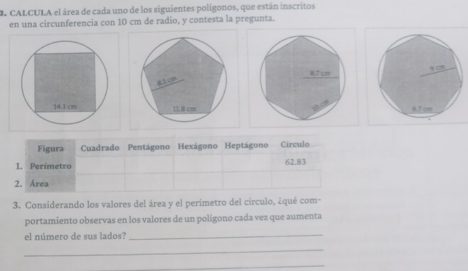 CALCULA el área de cada uno de los siguientes polígonos, que están inscritos 
en una circunferencia con 10 cm de radio, y contesta la pregunta.
14.1 cm
Figura Cuadrado Pentágono Hexágono Heptágono Círculo 
1. Perimetro 62.83
2. Área 
3. Considerando los valores del área y el perímetro del círculo, ¿qué com- 
portamiento observas en los valores de un polígono cada vez que aumenta 
el número de sus lados?_ 
_ 
_