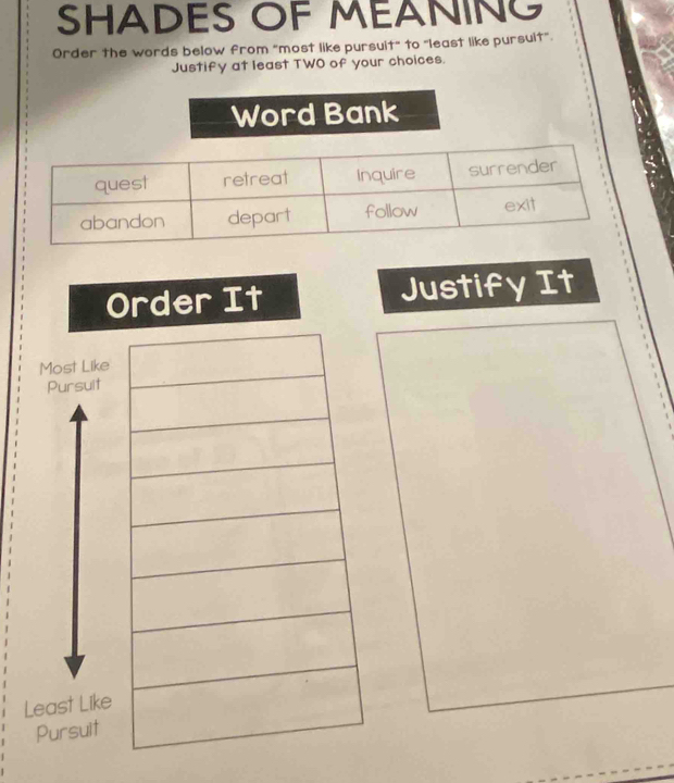 SHADES OF MEANING 
Order the words below from “most like pursuit" to "least like pursuit”. 
Justify at least TWO of your choices. 
Order It Justify It 
Most Like 
Pursult 
Least Like 
Pursuit