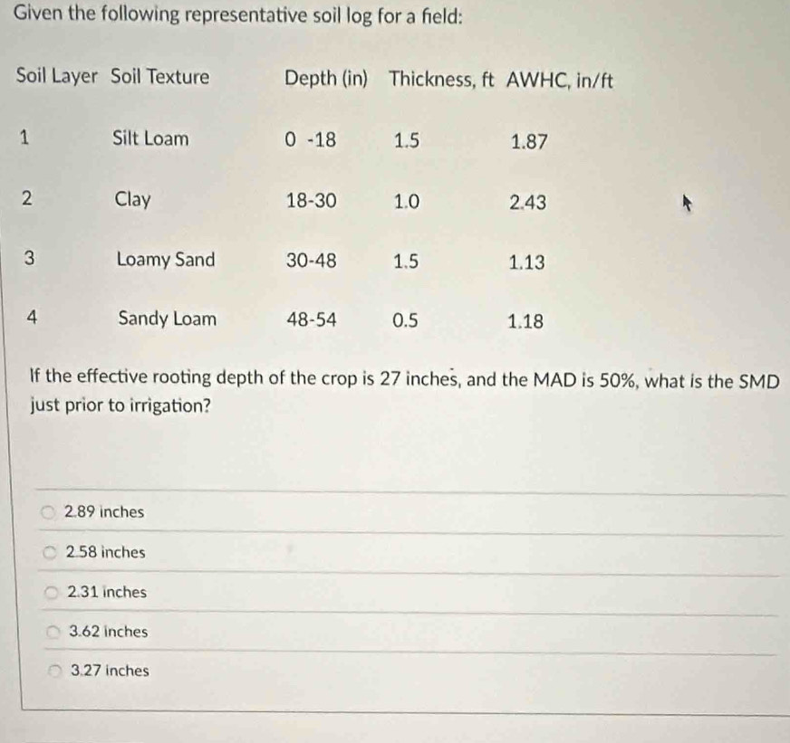 Given the following representative soil log for a field:
If the effective rooting depth of the crop is 27 inches, and the MAD is 50%, what is the SMD
just prior to irrigation?
2.89 inches
2.58 inches
2.31 inches
3.62 inches
3.27 inches