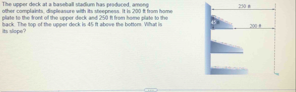 The upper deck at a baseball stadium has produced, among 
other complaints, displeasure with its steepness. It is 200 ft from home 
plate to the front of the upper deck and 250 ft from home plate to the 
back. The top of the upper deck is 45 ft above the bottom. What is 
its slope?