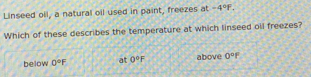 Linseed oil, a natural oil used in paint, freezes at -4°F. 
Which of these describes the temperature at which linseed oil freezes?
below 0°F at 0°F above 0°F