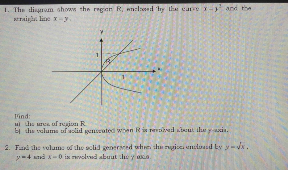 The diagram shows the region R, enclosed by the curve x=y^2 and the 
straight line x=y. 
Find: 
a) the area of region R. 
b) the volume of solid generated when R is revolved about the y-axis. 
2. Find the volume of the solid generated when the region enclosed by y=sqrt(x),
y=4 and x=0 is revolved about the y-axis.