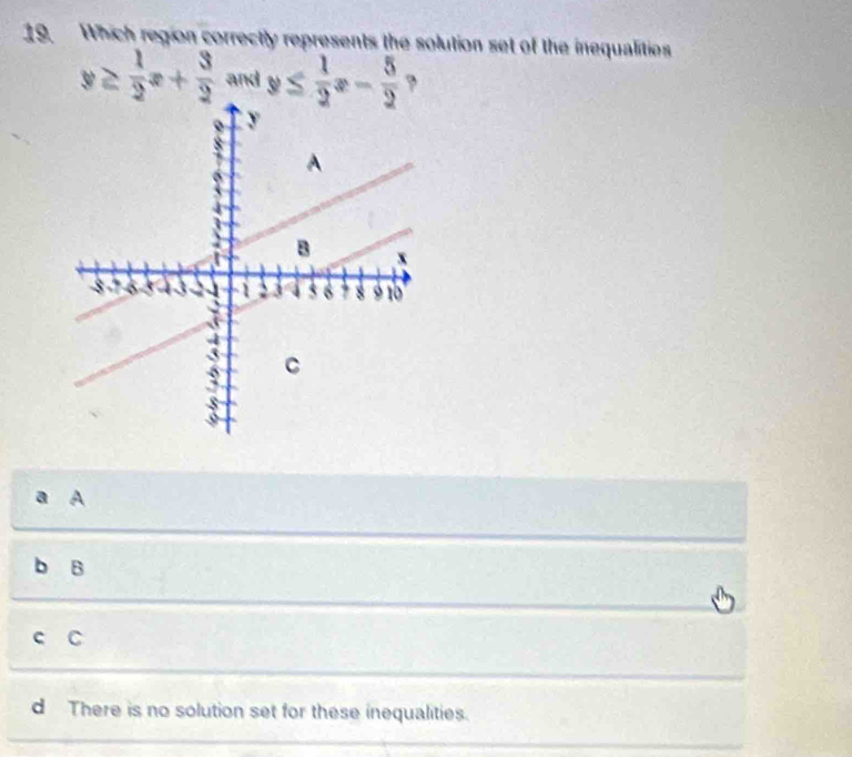 Which region correctly represents the solution set of the inequalitios
y≥  1/2 x+ 3/2  and y≤  1/2 x- 5/2 ?
a A
b B
c C
d There is no solution set for these inequalities.