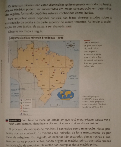 Os recursos minerais não estão distribuídos uniformemente em todo o planeta.
Alguns minérios podem ser encontrados em maior concentração em determina-
das regiões, formando depósitos naturais conhecidos como jazidas.
Para encontrar esses depósitos naturais, são feitos diversos estudos sobre a
constituição da crosta e da parte superior do manto terrestre. Ao iniciar a explo-
ração de uma jazida, ela passa a ser chamada lavra.
Observe no mapa a seguir.
Lavra: conjunto
de processos que
são realizados
para explorar
economicamente
uma jazida, a fim
de extrair minerais
úteis em processos
industriais.
onte de pesquisa:
ERREIRA, Graça Maria
Lemos. Atlas geográfico:
spaço mundial. São Paulo.
oderna, 2019. p. 117.
u m oro Com base no mapa, no estado em que você mora existem jazidas mine-
rais? Caso existam, identifique e cite os minérios extraídos dessas jazidas.
O processo de extração de minérios é conhecido como mineração. Nesse pro-
cesso, rochas contendo os minérios são retiradas da lavra manualmente ou por
meio de máquinas. Em seguida, os minérios são separados dessas rochas e pas-
sam por vários procedimentos, dando origem às matérias-primas que serão usadas
na fabricação de produtos. Os metais são exemplos dessa matéria-prima.