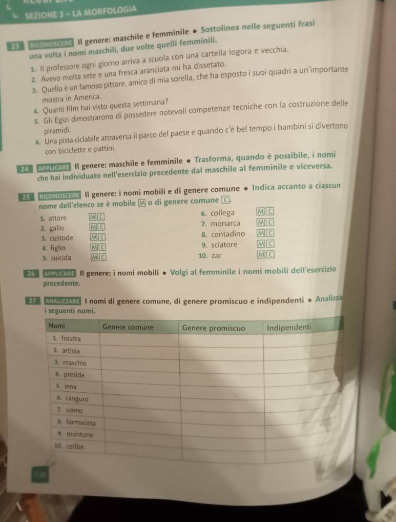 SEZIONE 3 - LA MORFOLOGIA 
Mconoscthe. Il genere: maschile e femminile ● Sottolinea nelle seguenti frasi 
una volta i nomi maschili, due volte quelli femminili. 
1. Il professore ogni giorno arriva a scuola con una cartella logora e vecchia. 
2. Avevo molta sete e una fresca aranciata mi ha dissetato. 
3. Quello è un famoso pittore, amico di mia sorella, che ha esposto i suoi quadri a un’importante 
mostra in America. 
4. Quanti film hai visto questa settimana? 
s. Gli Egizi dimostrarono di possedere notevoli competenze tecniche con la costruzione delle 
piramidi. 
6. Una pista ciclabile attraversa il parco del paese e quando c’è bel tempo i bambini si divertono 
con biciclette e pattini. 
4 APPLCARE Il genere: maschile e femminile ● Trasforma, quando è possibile, i nomi 
che hai individuato nell’esercizio precedente dal maschile al femminile e viceversa. 
25 RIcONOSCERE Il genere: i nomi mobili e di genere comune ● Indica accanto a ciascun 
nome dell'elenco se è mobile Ⓜ o di genere comune C. 
1. attore M C 6. collega M Lc 
2. gallo M|| C 7. monarca M C 
3. custode M C 8. contadino M C
4. figlio M C 9. sciatore M C
5. suicida M C 10. zar M C
26 APPLICARE II genere: i nomi mobili ● Volgi al femminile i nomi mobili dell'esercizio 
precedente. 
2Z ANALZZARE I nomi di genere comune, di genere promiscuo e indipendenti ø Analizza 
i