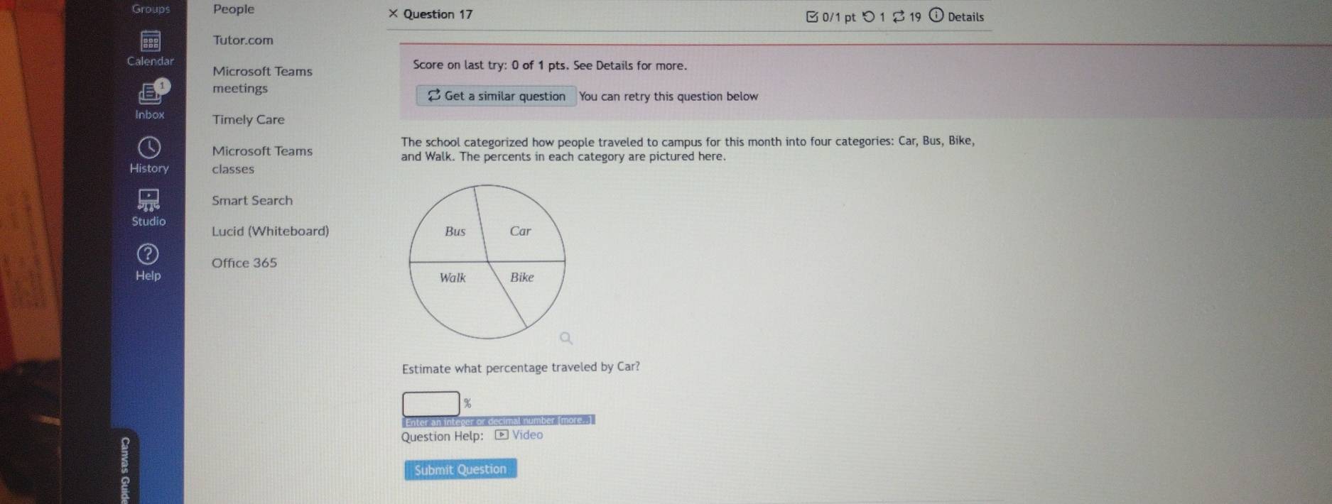 Groups People × Question 17
0/1 pt つ 1 2 19 Details
Tutor.com
Calendar Score on last try: 0 of 1 pts. See Details for more.
Microsoft Teams
meetings $ Get a similar question You can retry this question below
Inbox Timely Care
The school categorized how people traveled to campus for this month into four categories: Car, Bus, Bike,
Microsoft Teams and Walk. The percents in each category are pictured here.
History classes
Smart Search
Studio Lucid (Whiteboard)
Office 365
Help 
Estimate what percentage traveled by Car?
%
Enter an
Question Help: - Video
Submit Question