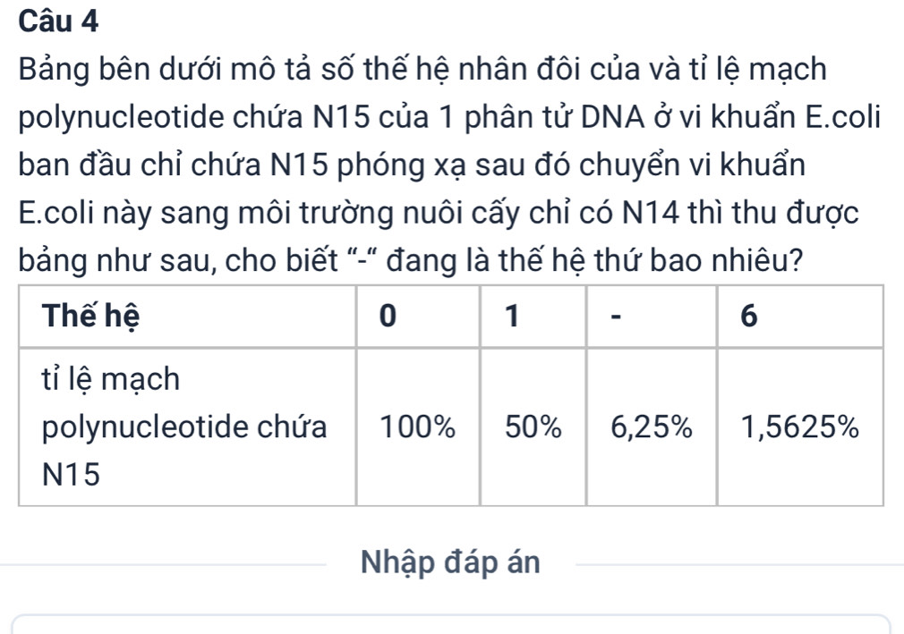 Bảng bên dưới mô tả số thế hệ nhân đôi của và tỉ lệ mạch 
polynucleotide chứa N15 của 1 phân tử DNA ở vi khuẩn E.coli 
ban đầu chỉ chứa N15 phóng xạ sau đó chuyển vi khuẩn 
E.coli này sang môi trường nuôi cấy chỉ có N14 thì thu được 
bảng như sau, cho biết "-" đang là thế hệ thứ bao nhiêu? 
Nhập đáp án