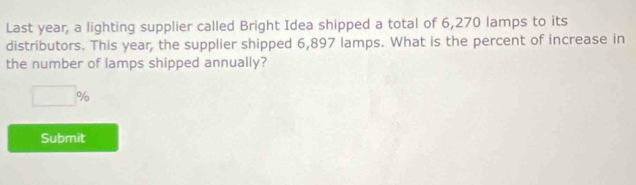 Last year, a lighting supplier called Bright Idea shipped a total of 6,270 lamps to its 
distributors. This year, the supplier shipped 6,897 lamps. What is the percent of increase in 
the number of lamps shipped annually?
□ %
Submit