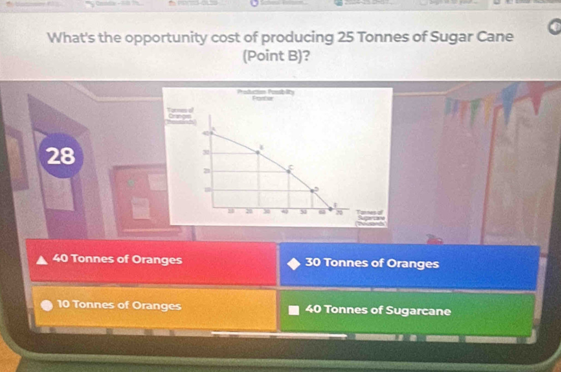 What's the opportunity cost of producing 25 Tonnes of Sugar Cane
(Point B)?
Prosduction Possb lity
Ponter
28
31
21
C
20 4 51 20
40 Tonnes of Oranges 30 Tonnes of Oranges
10 Tonnes of Oranges 40 Tonnes of Sugarcane