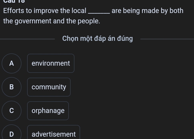 Cau To
Efforts to improve the local_ are being made by both
the government and the people.
Chọn một đáp án đúng
A environment
B community
C orphanage
D advertisement