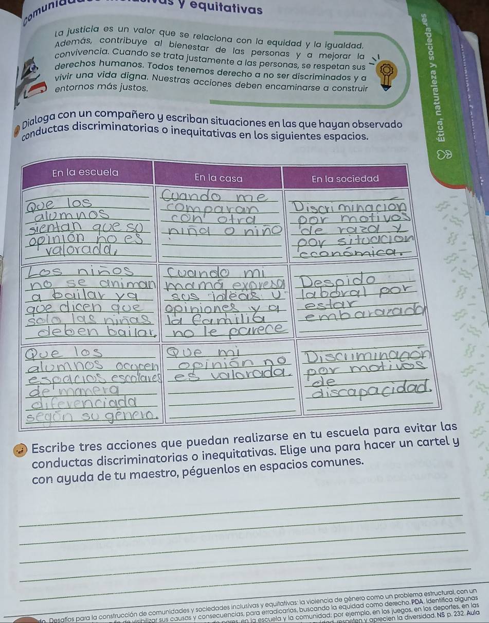 comunia 
us y equitativas 
La justicia es un valor que se relaciona con la equidad y la igualdad. 
Además, contribuye al bienestar de las personas y a mejorar la 
convivencia. Cuando se trata justamente a las personas, se respetan sus 
derechos humanos. Todos tenemos derecho a no ser discriminados y a 
vivir una vida digna. Nuestras acciones deben encaminarse a construir 
entornos más justos. 
Dialoga con un compañero y escriban situaciones en las que hayan observado 
conductas discriminatorias o inequitativas en los siguientes espacios. 
② Escribe tres acciones que puedan realizarse 
conductas discriminatorias o inequitativas. Elige una para hacer un cartel y 
con ayuda de tu maestro, péguenlos en espacios comunes. 
_ 
_ 
_ 
_ 
_ 
_Desafíos para la construcción de comunidades y socledades inclusivas y equitativas: la violencia de género como un problema estructural, con un 
sihilizar sus causas y consecuencias, para erradicarlas, buscando la equidad como derecho.PDA. Identifica algunas 
en la escuela y la comunidad; por ejemplo, en los juegos, en los deportes, en las 
neten y aprecien la diversidad. NS p. 232. Aula