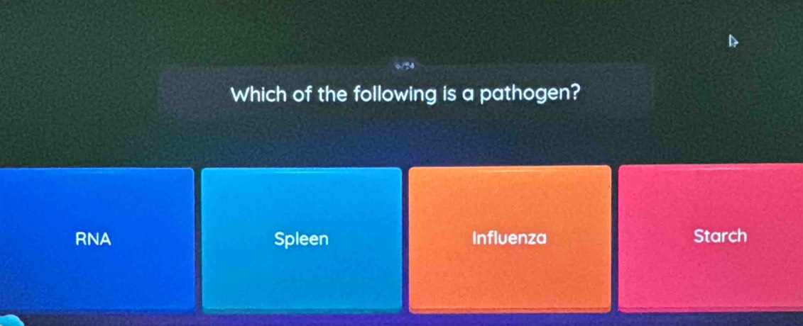 Which of the following is a pathogen?
RNA Spleen Influenza Starch