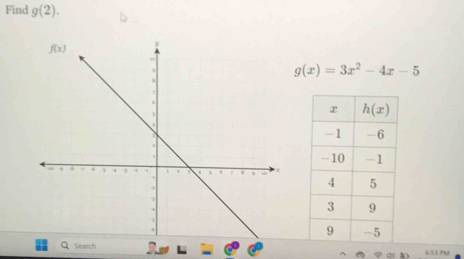 Find g(2).
g(x)=3x^2-4x-5
Search
6:53 PM