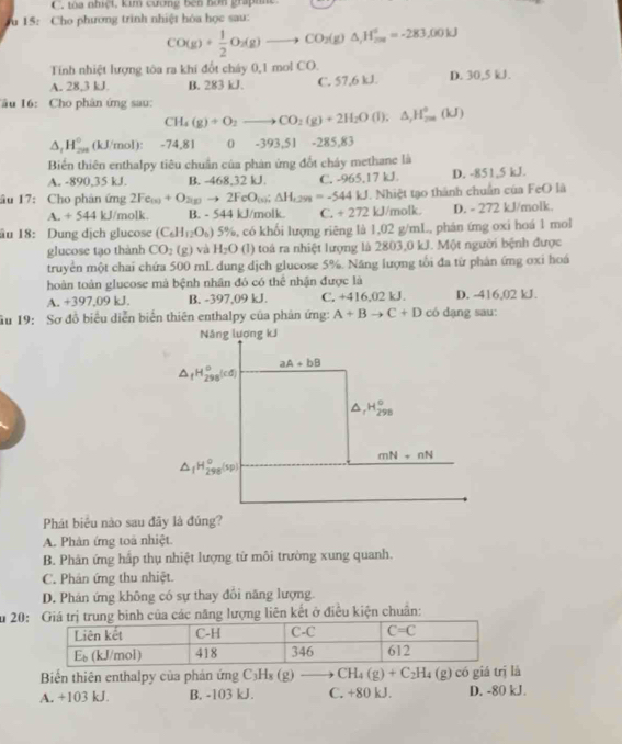 tòa nhiệt, kim cương bên bơn graph
Tu 15: Cho phương trình nhiệt hóa học sau:
CO(g)+ 1/2 O_2(g)to CO_2(g)△ ,H_(28)^+=-283,00kJ
Tính nhiệt lượng tôa ra khí đốt cháy 0,1 mol CO.
A. 28,3 kJ. B. 283 kJ. C. 57,6 kJ. D. 30,5 kJ.
Tâu 16: Cho phân ứng sau: CH_4(g)+O_2to CO_2(g)+2H_2O(l);△ _,H_(200)°(kJ)
△ _1H_(2n)^0 (kJ/mol) -74,81 0-393,51-285,83
Biến thiên enthalpy tiêu chuẩn của phản ứng đốt cháy methane là
A. -890,35 kJ. B. -468,32 kJ. C. 965,17kJ. D. -851,5 kJ.
âu 17: Cho phân ứng 2Fe_(s)+O_2(g)to 2FeO_(s);△ H_(2y)=-544kJ.  Nhiệt tạo thành chuẩn của FeO là
A.+544kJ /molk B. - 544 kJ/molk. C. +272 kJ/mc 180° D. - 272 kJ/molk.
äu 18: Dung dịch glucose (C_6H_12O_6) 5%, có khối lượng riêng là 1,02 g/mL, phán ứng oxi hoá 1 mol
glucose tạo thành CO_2(g) và H_2O (1) toá ra nhiệt lượng là 2803,0 kJ. Một người bệnh được
truyền một chai chứa 500 mL dung dịch glucose 5%. Năng lượng tổi đa từ phân ứng oxi hoá
hoàn toàn glucose mà bệnh nhân đó có thể nhận được là
A. +397,09 kJ. B. -397,09 kJ. C. +416,02 kJ. D. -416,02 kJ.
âu 19:  Sơ đồ biểu diễn biến thiên enthalpy của phân ứng: A+Bto C+D có dạng sau:
Năng lượng kJ
aA+bB
△ _fH_(298)^o(cd)
△ _rH_(298)°
mN+nN
△ _1H_(298)^o(sp)
Phát biểu nào sau đãy là đúng?
A. Phàn ứng toà nhiệt.
B. Phân ứng hấp thụ nhiệt lượng tử môi trường xung quanh.
C. Phân ứng thu nhiệt.
D. Phân ứng không có sự thay đổi năng lượng.
Su 20:inh của các năng lượng liên kết ở điều kiện chuân:
Biển thiên enthalpy của phản ứng C₃Hs (g) CH_4(g)+C_2H_4 (g) có giá trị là
A. +103 kJ. B. -103 kJ. C. +80 kJ. D. -80 kJ.