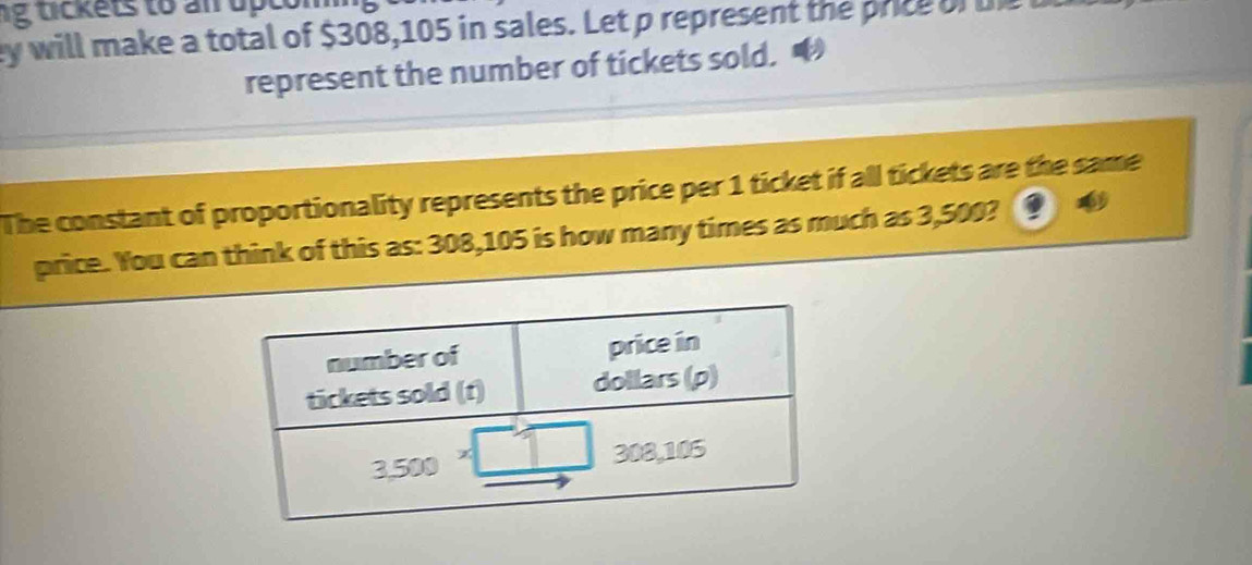 ng tickets to an upcom 
ey will make a total of $308,105 in sales. Let p represent the price ofte t
represent the number of tickets sold.
The constant of proportionality represents the price per 1 ticket if all tickets are the same
price. You can think of this as: 308,105 is how many times as much as 3,500?