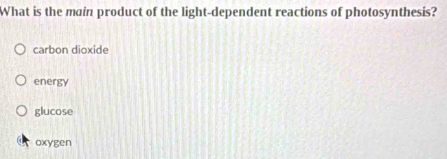 What is the main product of the light-dependent reactions of photosynthesis?
carbon dioxide
energy
glucose
a oxygen