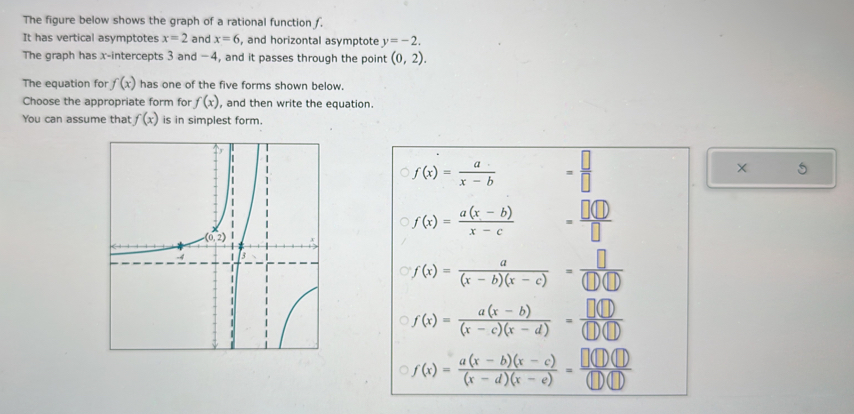 The figure below shows the graph of a rational function f.
It has vertical asymptotes x=2 and x=6 , and horizontal asymptote y=-2.
The graph has x-intercepts 3 and −4, and it passes through the point (0,2).
The equation fo f(x) has one of the five forms shown below.
Choose the appropriate form for f(x) , and then write the equation.
You can assume that f(x) is in simplest form.
f(x)= a/x-b  = □ /□  
× 5
f(x)= (a(x-b))/x-c  = □ (□ )/□  
f(x)= a/(x-b)(x-c) = □ /(□ )(□ ) 
f(x)= (a(x-b))/(x-c)(x-d) = □ (□ )/(□ )(□ ) 
f(x)= (a(x-b)(x-c))/(x-d)(x-e) = □ (□ )(□ )/(□ )(□ ) 