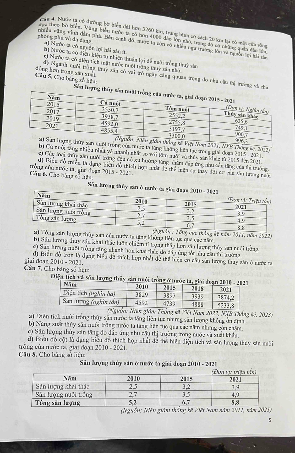 Nước ta có đường bờ biển dài hơn 3260 km, trung bình cứ cách 20 km lại có một cửa sông
đọc theo bờ biển. Vùng biển nước ta có hơn 4000 đảo lớn nhỏ, trong đó có những quân đảo lớn
phong phú và đa dạng.
nhiều vũng vịnh đầm phá. Bên cạnh đó, nước ta còn có nhiều ngư trường lớn và nguồn lợi hải sản
a) Nước ta có nguồn lợi hải sản ít.
b) Nước ta có điều kiện tự nhiên thuận lợi đề nuôi trồng thuỷ sản
c) Nước ta có diện tích mặt nước nuôi trồng thuỷ sản nhỏ.
động hơn trong sản xuất.
d) Ngành nuôi trồng thuỷ sản có vai trò ngày cảng quuan trọng do nhu cầu thị trường và chủ
Câu 5. Cho bảng số liệu:
Sân lượn
ng kê, 2022)
tăng không liên tục trong giai đoạn 2015 - 2021.
ôi tăng nhiều nhất và nhanh nhất so với tôm nuôi và thủy sản khác từ 2015 đến 2021.
c) Các loại thủy sản nuôi trồng đều có xu hướng tăng nhằm đáp ứng nhu cầu tăng của thị trường.
d) Biểu đồ miền là dạng biểu đồ thích hợp nhất để thể hiện sự thay đổi cơ cấu sản lượng nuôi
trồng của nước ta, giai đoạn 2015 - 2021.
Câu 6. Cho bảng số liệu:
Sân lượng thủy sản ở nư
n : Tổng cục thống kê năm 2011, năm 2022)
a) Tổng sản lượng thủy sản của nước ta tặng không liên tục qua các năm.
b) Sản lượng thủy sản khai thác luôn chiếm tỉ trọng thấp hơn sản lượng thủy sản nuôi trồng.
c) Sản lượng nuôi trồng tăng nhanh hơn khai thác do đáp ứng tốt nhu cầu thị trường.
d) Biểu đồ tròn là dạng biểu đồ thích hợp nhất để thể hiện cơ cấu sản lượng thủy sản ở nước ta
giai đoạn 2010 - 2021.
Câu 7. Cho bảng số liệu:
Diện tích và sản lượng thủy sản nuôi trồn
ên giám Thống kê Việt Nam 2022, NXB Thống kê, 2023)
a) Diện tích nuôi trồng thủy sản nước ta tăng liên tục nhưng sản lượng không ổn định.
b) Năng suất thủy sản nuôi trồng nước ta tăng liên tục qua các năm nhưng còn chậm.
c) Sản lượng thủy sản tăng do đáp ứng nhu cầu thị trường trong nước và xuất khẩu.
d) Biểu đồ cột là dạng biểu đồ thích hợp nhất để thể hiện diện tích và sản lượng thủy sản nuôi
trồng của nước ta, giai đoạn 2010 - 2021.
Câu 8. Cho bảng số liệu:
Sản lượng thủy sản ở nước ta giai đoạn 2010 - 2021
(Nguồn: Niên giám thống kê Việt Nam năm 2011, năm 2021)
5