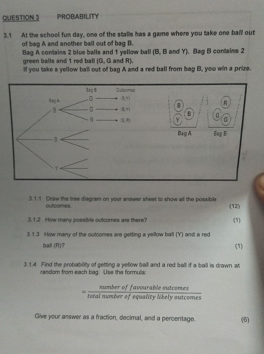 PROBABILITY
3.1 At the school fun day, one of the stalls has a game where you take one ball out
of bag A and another ball out of bag B.
Bag A contains 2 blue balls and 1 yellow ball (B, B and Y). Bag B contains 2
green balls and 1 red ball (G, G and R).
lf you take a yellow ball out of bag A and a red ball from bag B, you win a prize.
3.1.1 Draw the tree diagram on your answer sheet to show all the possible
outcomes. (12)
3.1.2 How many possible outcomes are there? (1)
3.1.3 How many of the outcomes are getting a yellow ball (Y) and a red
ball (R)? (1)
3.1.4 Find the probability of getting a yellow ball and a red ball if a ball is drawn at
random from each bag. Use the formula:
= numberoffavourableoutcomes/totalnumberofequalitylikelyoutcomes 
Give your answer as a fraction, decimal, and a percentage. (6)