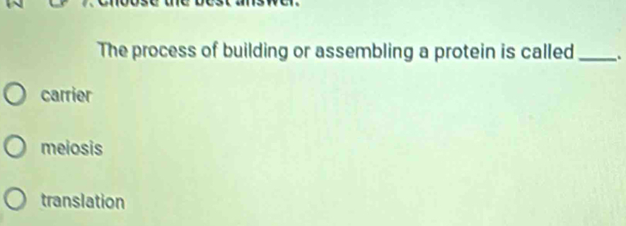 The process of building or assembling a protein is called _.
carrier
meiosis
translation