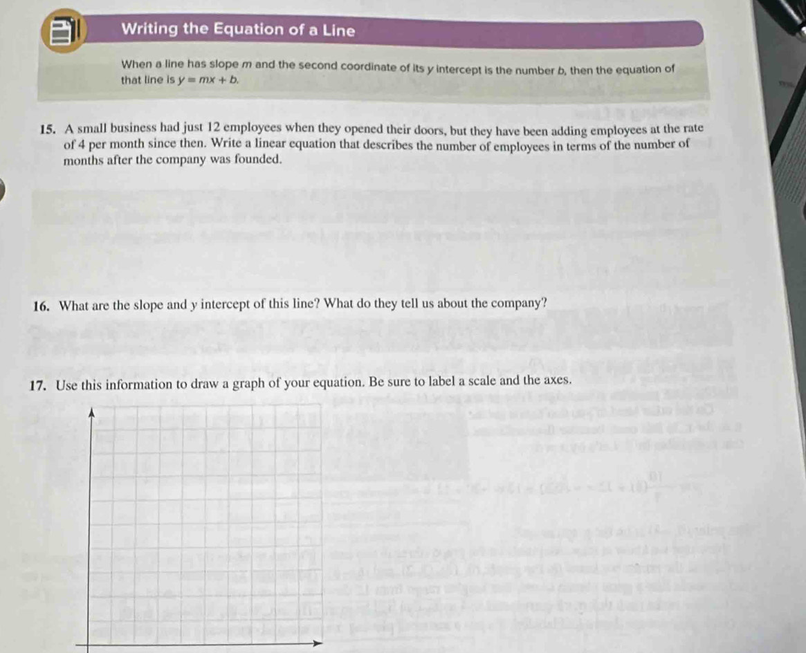 Writing the Equation of a Line 
When a line has slope m and the second coordinate of its y intercept is the number b, then the equation of 
that line is y=mx+b. 
15. A small business had just 12 employees when they opened their doors, but they have been adding employees at the rate 
of 4 per month since then. Write a linear equation that describes the number of employees in terms of the number of 
months after the company was founded. 
16. What are the slope and y intercept of this line? What do they tell us about the company? 
17. Use this information to draw a graph of your equation. Be sure to label a scale and the axes.