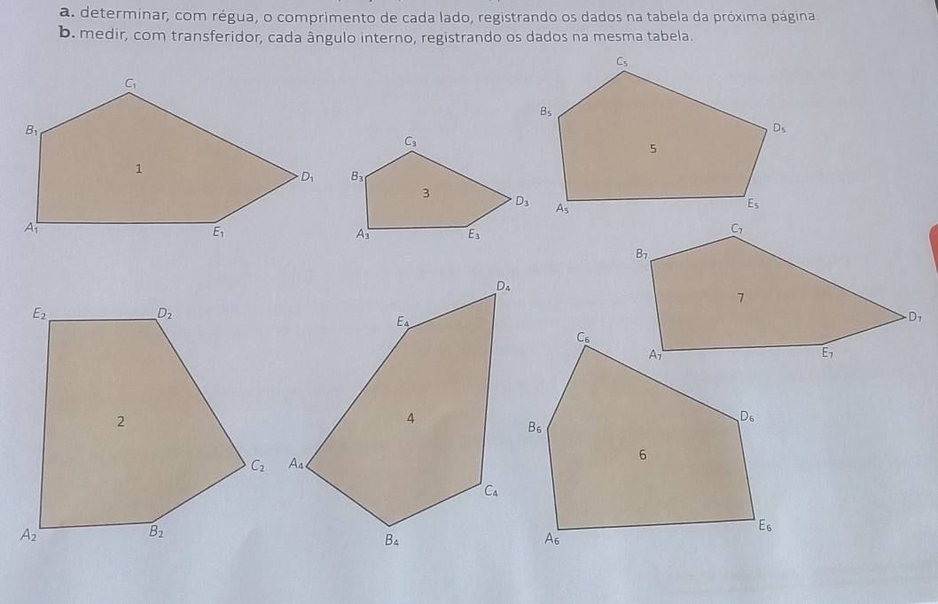 determinar, com régua, o comprimento de cada lado, registrando os dados na tabela da próxima página
b. medir, com transferidor, cada ângulo interno, registrando os dados na mesma tabela.