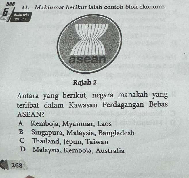 BAB 11. Maklumat berikut ialah contoh blok ekonomi.
6 Buku teks
ms: 167
Rajah 2
Antara yang berikut, negara manakah yang
terlibat dalam Kawasan Perdagangan Bebas
ASEAN?
A Kemboja, Myanmar, Laos
B Singapura, Malaysia, Bangladesh
C Thailand, Jepun, Taiwan
D Malaysia, Kemboja, Australia
268