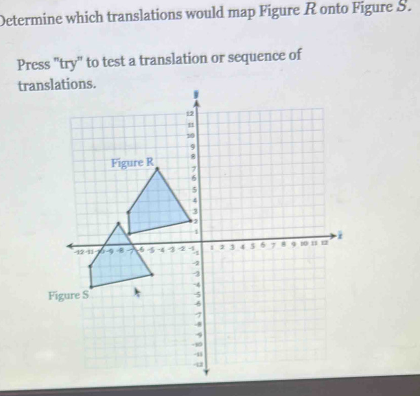 Determine which translations would map Figure R onto Figure S. 
Press "try" to test a translation or sequence of 
transl 
F