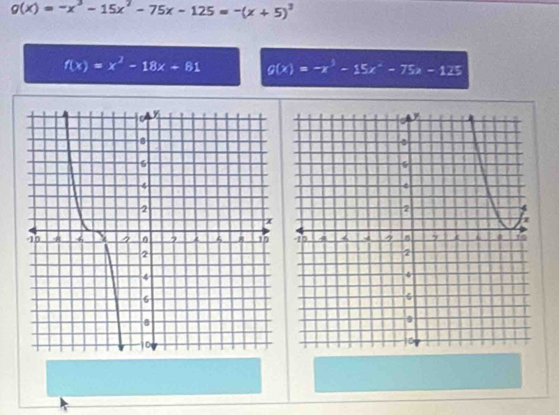 g(x)=-x^3-15x^2-75x-125=-(x+5)^3
f(x)=x^2-18x-81 g(x)=-x^3-15x^2-75x-125