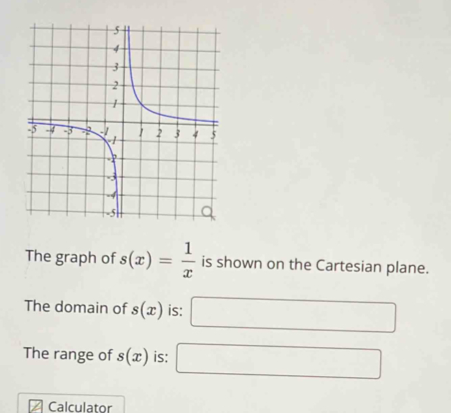 The graph of s(x)= 1/x  is shown on the Cartesian plane. 
The domain of s(x) is: □ 
The range of s(x) is: □ 
Calculator