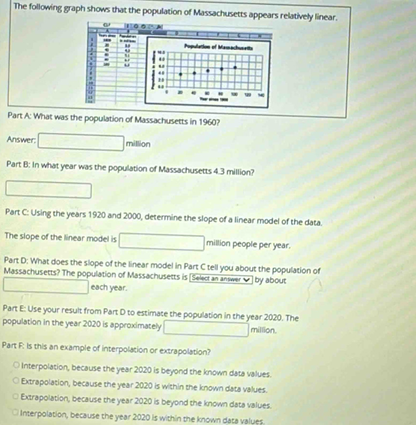 The following graph shows that the population of Massachusetts appears relatively linear.
a |

1 Populat 
m
15
q
11

306 U

10
H
Part A: What was the population of Massachusetts in 1960?
Answer: a_n+1=□ □ t millio
Part B: In what year was the population of Massachusetts 4.3 million?
□ 
Part C: Using the years 1920 and 2000, determine the slope of a linear model of the data.
The slope of the linear model is ∴ △ A-C=∠ B-∠ BG=90° □ million people per year.
Part D: What does the slope of the linear model in Part C tell you about the population of
Massachusetts? The population of Massachusetts is [Select an answer ✔ by about
sqrt(□ ) □  each year.
Part E: Use your result from Part D to estimate the population in the year 2020. The
population in the year 2020 is approximately w^- million.
Part F: Is this an example of interpolation or extrapolation?
Interpolation, because the year 2020 is beyond the known data values.
Extrapolation, because the year 2020 is within the known data values.
Extrapolation, because the year 2020 is beyond the known data values.
Interpolation, because the year 2020 is within the known data values.