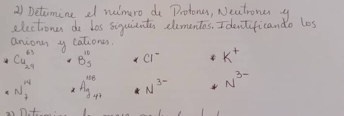 Determine e nimero de Protones, Neatrones y 
electronen do Los siquients elementos. I dentificando los 
anions y cationes.
Cu^(63)_29 B_5^((10) X Cl^-)
k^+
4 N_7^((14) X A_(98)^(108)_47) N^(3-)
N^(3-)
3) n+ 1