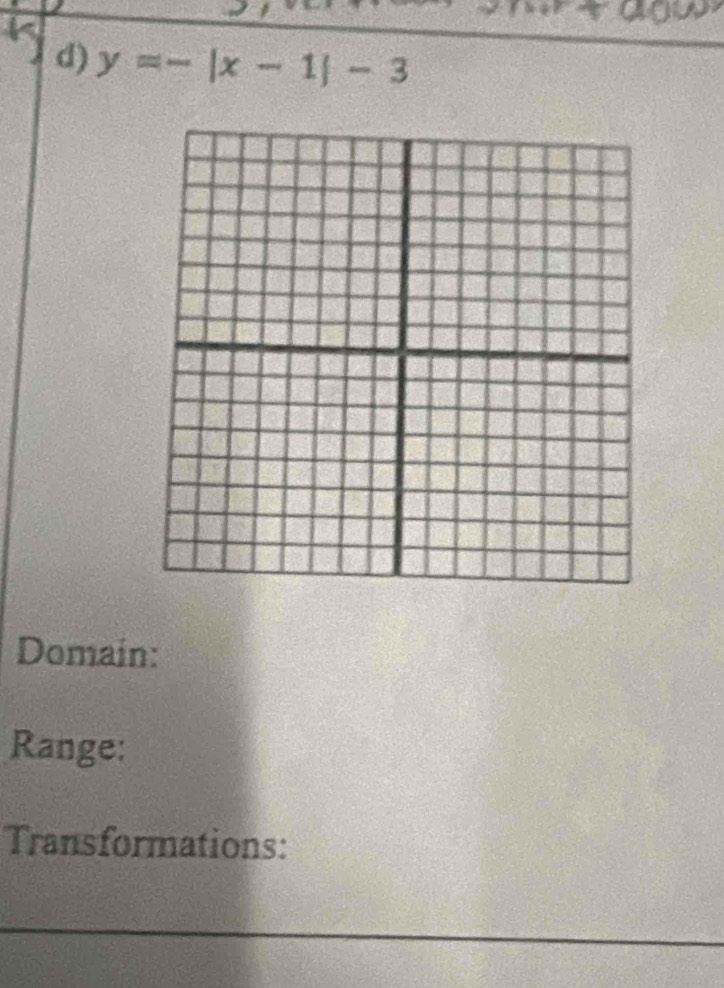 y=-|x-1|-3
Domain: 
Range: 
Transformations: 
_