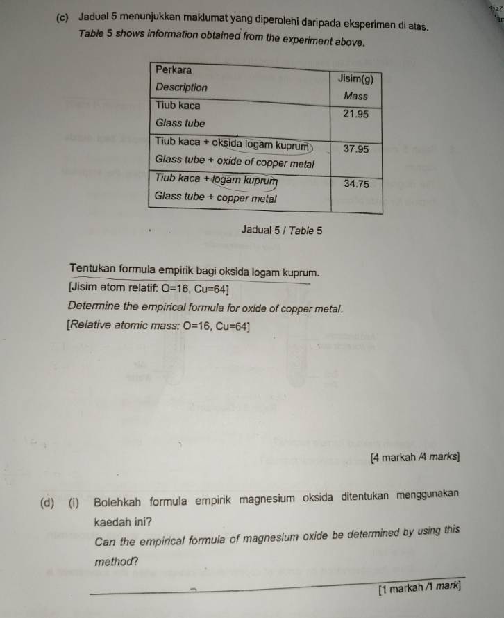 ja? 
ar 
(c) Jadual 5 menunjukkan maklumat yang diperolehi daripada eksperimen di atas. 
Table 5 shows information obtained from the experiment above. 
Jadual 5 / Table 5 
Tentukan formula empirik bagi oksida logam kuprum. 
[Jisim atom relatif: O=16, Cu=64]
Determine the empirical formula for oxide of copper metal. 
[Relative atomic mass: O=16, Cu=64]
[4 markah /4 marks] 
(d) (i) Bolehkah formula empirik magnesium oksida ditentukan menggunakan 
kaedah ini? 
Can the empirical formula of magnesium oxide be determined by using this 
method? 
[1 markah /1 mark]