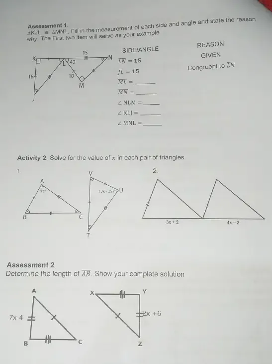 Solved: KJL≌ MNL. Fill in the measurement of each side and angle and ...