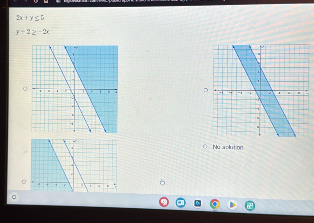 2x+y≤ 5
y+2≥ -2x

No solution