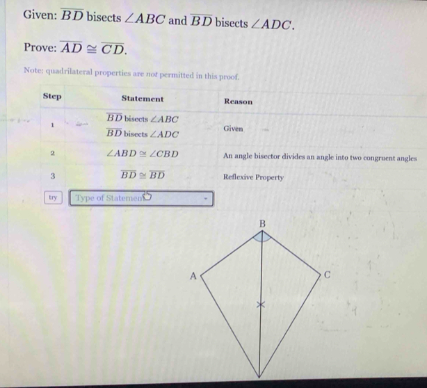 Given: overline BD bisects ∠ ABC and overline BD bisects ∠ ADC. 
Prove: overline AD≌ overline CD. 
Note: quadrilateral properties are not permitted in this proof. 
Step Statement Reason
overline BD bisects ∠ ABC
1 Given
overline BD bisects ∠ ADC
2 ∠ ABD≌ ∠ CBD An angle bisector divides an angle into two congruent angles 
3 overline BD≌ overline BD Reflexive Property 
try Type of Statemen