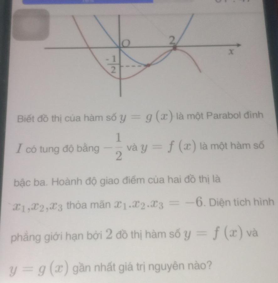 Biết đồ thị của hàm số y=g(x) là một Parabol đỉnh
I có tung độ bằng - 1/2  và y=f(x) là một hàm số
bậc ba. Hoành độ giao điểm của hai đồ thị là
x_1,x_2,x_3 thòa mãn x_1.x_2.x_3=-6. Diện tích hình
phẳng giới hạn bởi 2 đồ thị hàm số y=f(x) và
y=g(x) gần nhất giá trị nguyên nào?