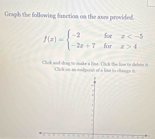 Graph the following function on the axes provided.
f(x)=beginarrayl -2forx 4endarray.
Click and drag to make a line. Click the line to delete it. 
Click on an endpoint of a line to change it. 
' 4 ^3 -2 1 1 2 3 4 5 6 7 8 9 10 X